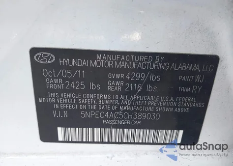 2012 Hyundai Sonata Limited z USA, uszkodzony, nr VIN 5NPEC4AC5CH389030